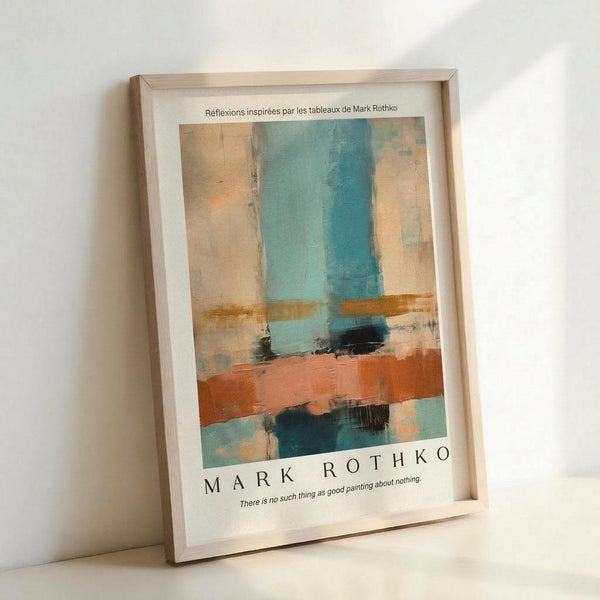 May include: Framed abstract art print with turquoise, orange, cream and dark brushstrokes in rectangular color blocks, displayed in light wooden frame against white wall. Print shows soft, blended paint textures with horizontal bands of color and includes Mark Rothko attribution text at bottom.