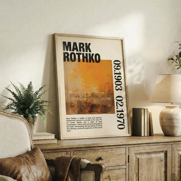 May include: Framed poster print featuring Mark Rothko's name in bold black text with abstract orange and brown painted artwork and dates. Displayed on rustic wooden sideboard next to fern plant, ceramic vase, and stacked books in neutral-toned living room with beige armchair and pillows.