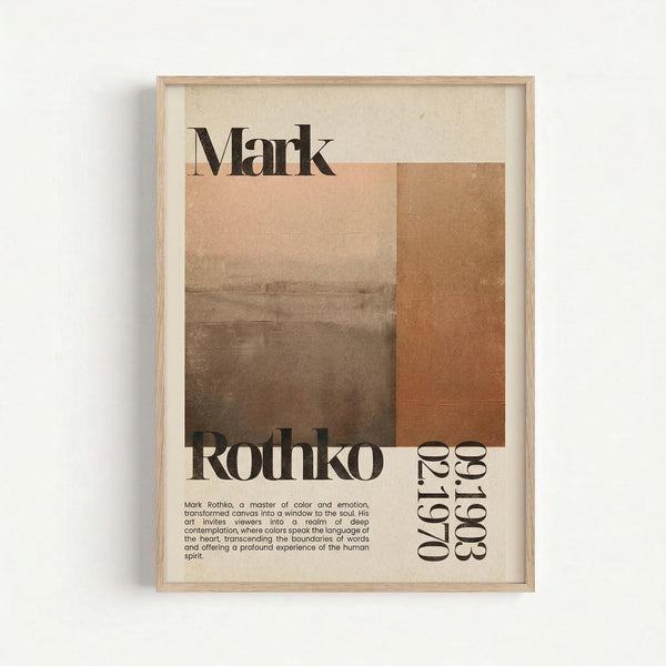 May include: Framed poster print featuring Mark Rothko's name in bold black serif typography over abstract geometric blocks in warm earth tones - cream, peach, brown, and rust orange. Small biographical text and dates "1903-1970" appear at bottom. Natural wood frame hangs on white wall, showing modern minimalist art poster with vintage-inspired color palette and clean typographic design.