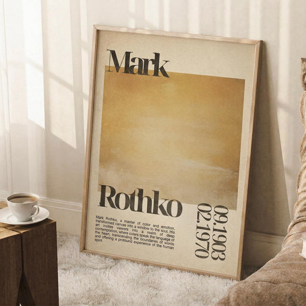 May include: Framed Mark Rothko exhibition poster leaning against white wall corner in sunlit room. Poster features warm beige and golden yellow color blocks with black text showing artist name, dates, and descriptive paragraph. Natural wood frame, positioned on textured white rug next to wooden stool with white coffee cup and saucer. Cozy blanket visible on right side with soft natural lighting creating shadows.
