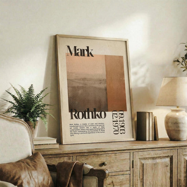 May include: Framed art print featuring Mark Rothko's name and abstract color blocks in warm earth tones - beige, brown, and orange rectangles. Print displays birth and death years 1903-1970 with descriptive text below. Shown in light wood frame on rustic wooden sideboard alongside fern plant, ceramic vases, books, and leather cushions in neutral-toned living room setting.