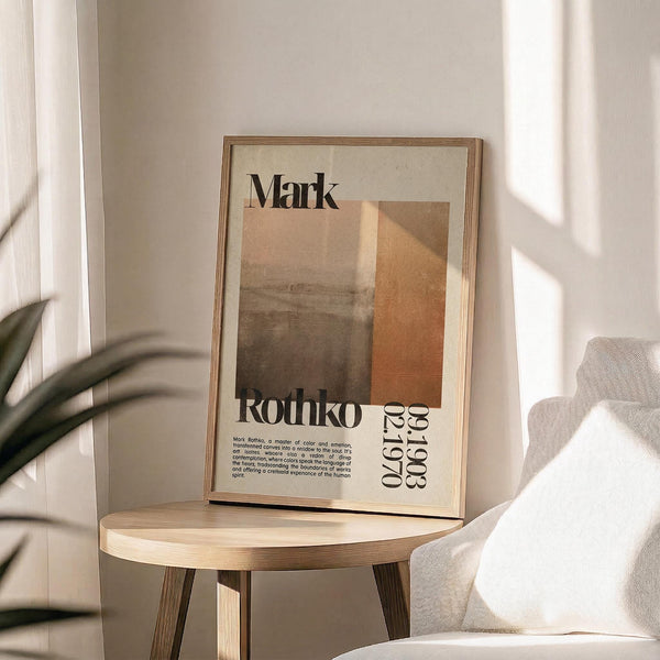 May include: Framed art print featuring Mark Rothko's name and dates in black text with abstract geometric shapes in warm brown, orange, and cream tones. The poster sits on a light wood round stool next to a beige upholstered chair with plant leaves visible in soft natural lighting against white walls.