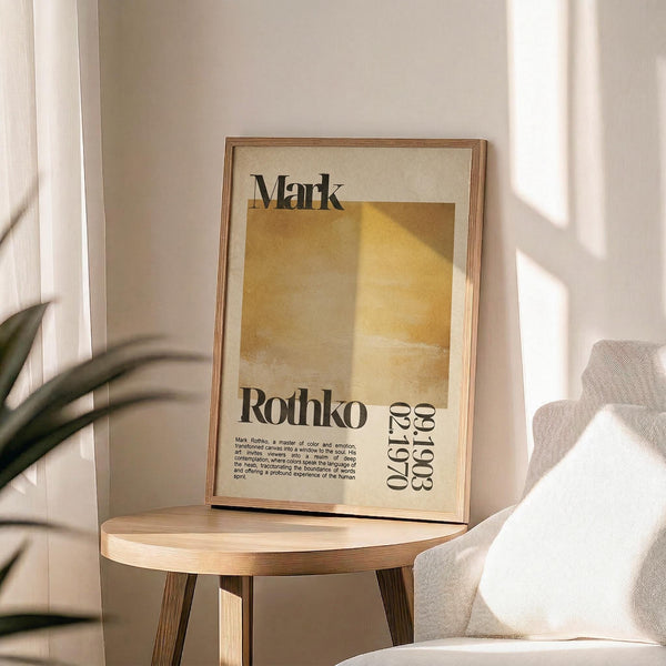 May include: A framed poster with Mark Rothko's name and exhibition details in black text on cream background, featuring golden yellow abstract color field artwork. The wooden-framed print sits on a round wooden side table next to a beige upholstered chair, with plant leaves visible and natural sunlight casting shadows across white walls in a minimalist living room setting.