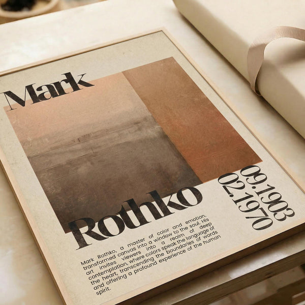 The image is a framed print featuring a photograph of a person named Rothko, with text providing information about Rothko's artistic style and his work.