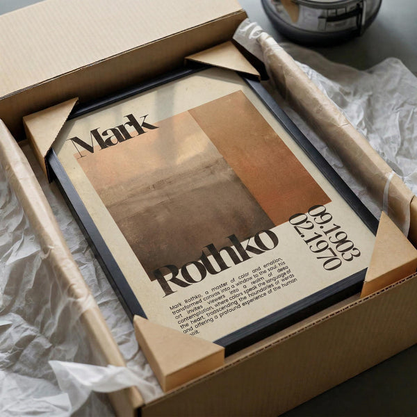 a framed poster or artwork with text and an abstract design, placed in a cardboard box.