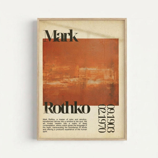 May include: Framed vintage-style poster featuring Mark Rothko's name in bold black typography above an abstract orange-red painted section with weathered, textured appearance. Below shows "Rothko" in large letters with "02.1970" vertically aligned, plus small biographical text block. Light wood frame against white wall with natural lighting creating subtle shadows.