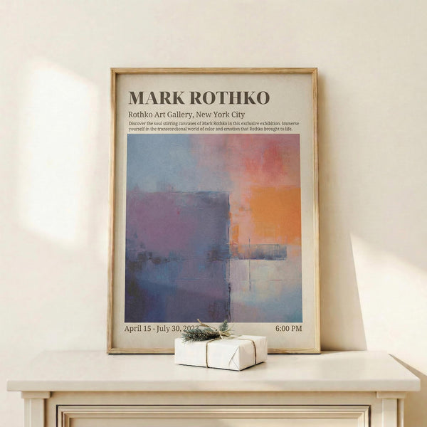May include: Framed abstract art exhibition poster featuring Mark Rothko's signature color block style in soft blues, purples, oranges and grays. Wooden frame displays on white floating shelf against cream wall with small wrapped gift box below. Natural lighting creates gentle shadows.