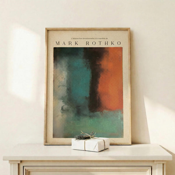 May include: Framed abstract art print in natural wood frame displaying soft color blocks in teal, orange, cream and dark tones in Rothko style, positioned on light wooden surface beside small white wrapped gift with evergreen sprig against cream colored wall