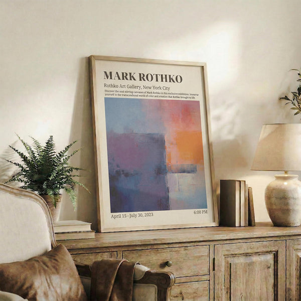 May include: Framed exhibition poster featuring Mark Rothko's abstract color field painting with soft blues, purples, and warm orange tones in geometric blocks. Displayed on rustic wooden sideboard alongside fern plant, ceramic vase, and books in cozy living room setting with beige armchair and neutral walls.