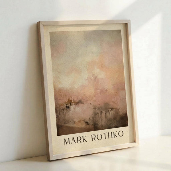 May include: Framed art print leaning against white wall showing abstract landscape painting with soft peachy-pink and golden sky above darker brown structures below. Light wooden frame surrounds cream-colored print with "MARK ROTHKO" text at bottom. Gentle natural lighting creates subtle shadows on wall.