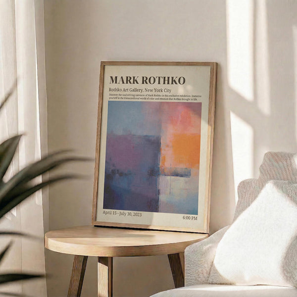 May include: Framed exhibition poster for Mark Rothko displayed on round wooden side table next to beige upholstered chair. Poster features abstract color blocks in blues, purples, oranges and whites with gallery text and dates. Natural lighting creates soft shadows across cream colored wall. Green plant leaves visible in corner.