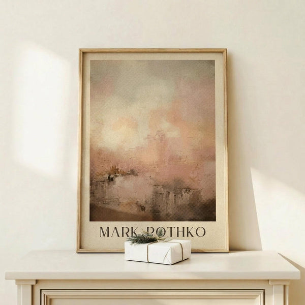 May include: Abstract expressionist painting print in warm earth tones featuring soft brushstrokes in peachy pink, golden yellow, and brown hues that blend into cloudy, atmospheric forms. The artwork is displayed in a light wooden frame with white matting, positioned on a pale wooden console table. A small white gift box with natural twine and evergreen sprig sits in front of the frame against a cream-colored wall.