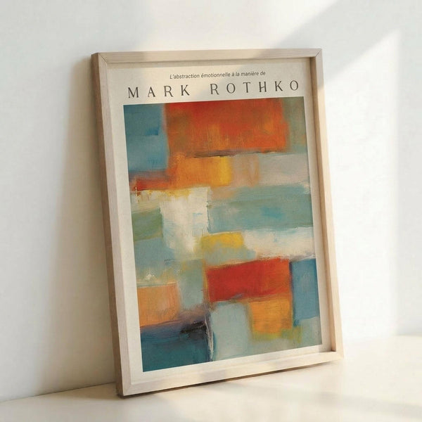 May include: Abstract expressionist art print in light wooden frame leaning against white wall. Features soft rectangular blocks of color in orange, red, blue, turquoise, yellow and white with blended, painterly edges. French text at top reads "L'abstraction émotionnelle à la manière de" followed by "MARK ROTHKO" in bold letters. Warm natural lighting creates subtle shadows on white surface.