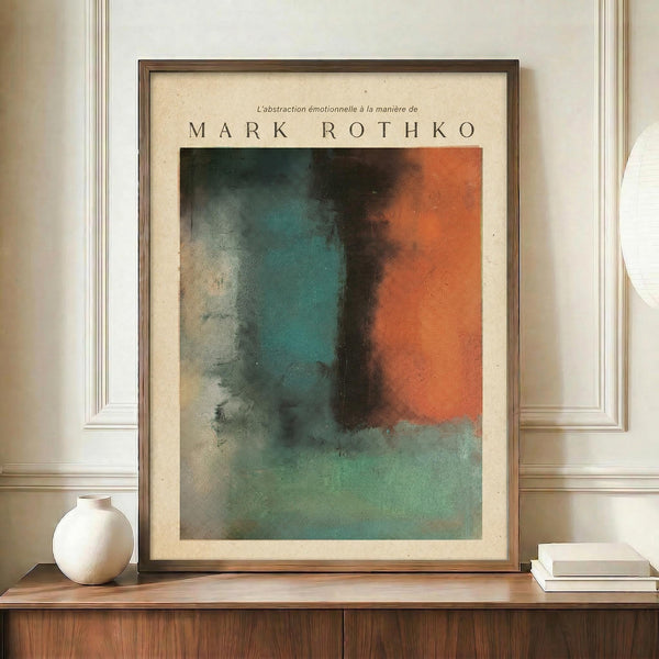 May include: Large framed abstract art print in warm wooden frame, displaying soft rectangular color blocks in coral orange, teal blue, and sage green with blended edges. Positioned on mid-century walnut credenza alongside white ceramic vase and stacked books in bright interior with white paneled walls.