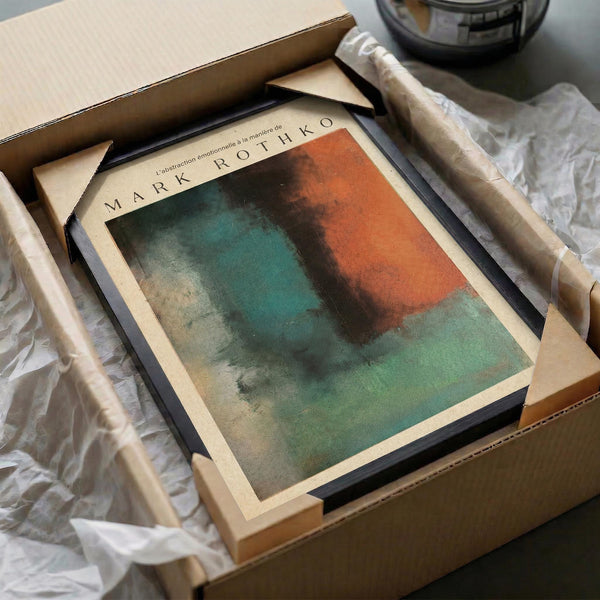 a framed abstract painting, which appears to be a work by the artist Mark Rothko, displayed in a cardboard box.