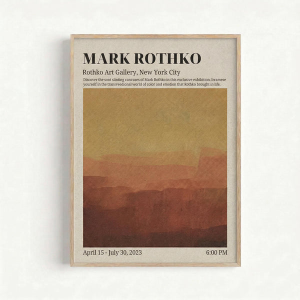 May include: Framed poster with beige matting displaying Mark Rothko exhibition information and abstract color field artwork in warm earth tones - golden yellow transitioning to orange and deep burgundy horizontal bands. Light wood frame mounted on white wall. Text includes gallery details and April-July 2023 exhibition dates.