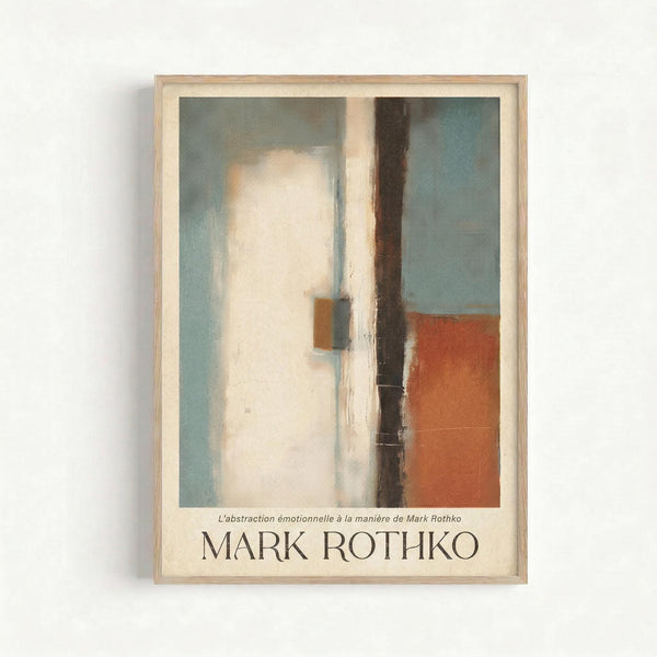 Framed abstract art poster featuring soft color blocks in muted blue, cream, orange and brown tones with vertical compositional elements. The artwork shows Rothko's characteristic color field style with blended edges and layered rectangular forms. Display shows the piece in a light wooden frame against a white wall, with "MARK ROTHKO" text at bottom and French subtitle above.