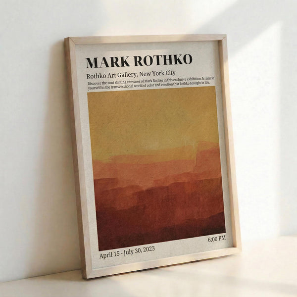 May include: Framed poster with warm gradient design transitioning from golden yellow at top to deep burgundy at bottom, creating layered horizontal bands reminiscent of abstract landscape. Text at top reads "MARK ROTHKO" with gallery information and exhibition dates "April 15 - July 30, 2023" and "6:00 PM" at bottom. Light wood frame against white wall with soft shadow.