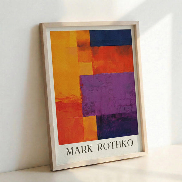 May include: Abstract geometric composition with bold color blocks in orange, red, purple, and navy blue arranged in rectangular sections, displayed in a light wooden frame leaning against a white wall. The artwork shows painterly textures and overlapping color fields in Rothko's characteristic style.