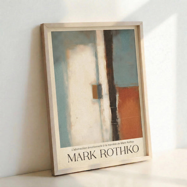 May include: Framed abstract art print in light wood frame leaning against white wall. Artwork features soft blue-gray background with vertical white and dark brown brushstrokes, orange rectangular shape in lower right. French text below image reads "L'abstraction émotionnelle à la manière de Mark Rothko" with "MARK ROTHKO" in large letters. Minimalist interior setting with natural lighting casting gentle shadows.