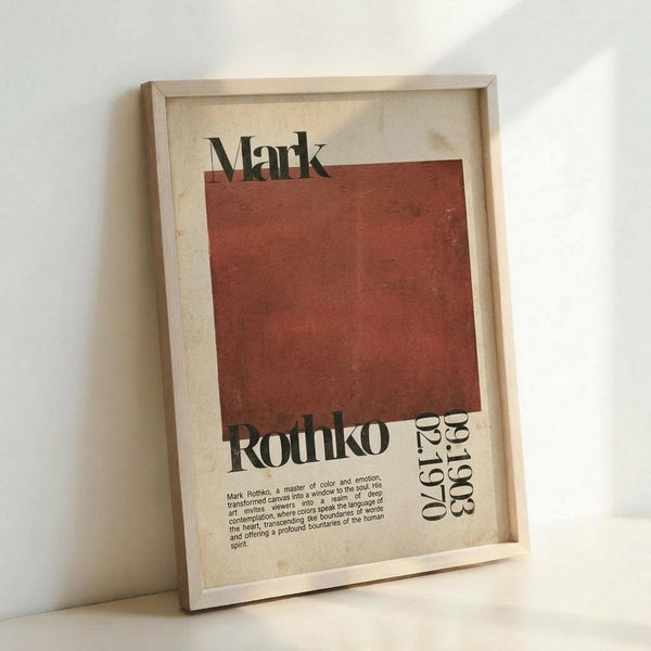 May include: Framed vintage-style exhibition poster featuring a large rust-red square on cream background with "Mark Rothko" text and dates "02.19.70 - 05.03.69". Light wooden frame leans against white wall, showing aged paper texture and small descriptive text about the artist's color mastery.