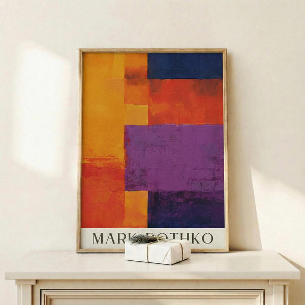 May include: Colorful abstract art poster with geometric blocks in orange, yellow, red, navy blue, and purple tones displayed in thin wooden frame on white wooden shelf. Small wrapped gift box with evergreen sprig sits beside the framed artwork against cream colored wall with natural lighting creating soft shadows.