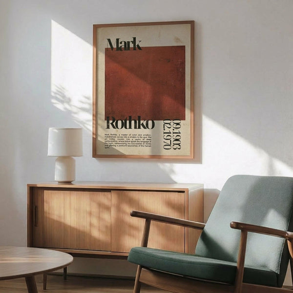 May include: Modern living room with Mark Rothko exhibition poster in wooden frame hanging above light wood sideboard. Poster features deep red-orange abstract color field with black text and dates 1903-1970. Mid-century green upholstered armchair with wooden arms sits beside round coffee table. White table lamp and natural sunlight streaming across white walls complete the minimalist Scandinavian-style interior design.