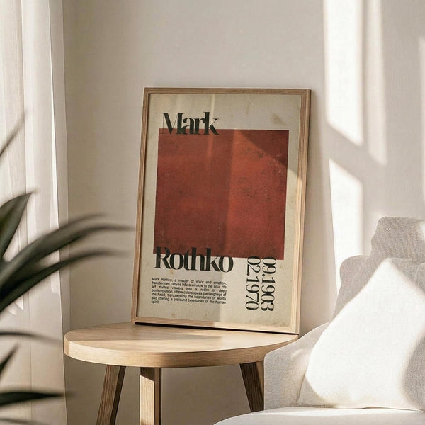 May include: Framed Mark Rothko exhibition poster with large rust-red square and black text on cream background, displayed on round wooden side table next to beige upholstered chair. Sunlight streams through window creating shadows on white wall behind. Green plant leaves visible in corner of minimalist interior setting.
