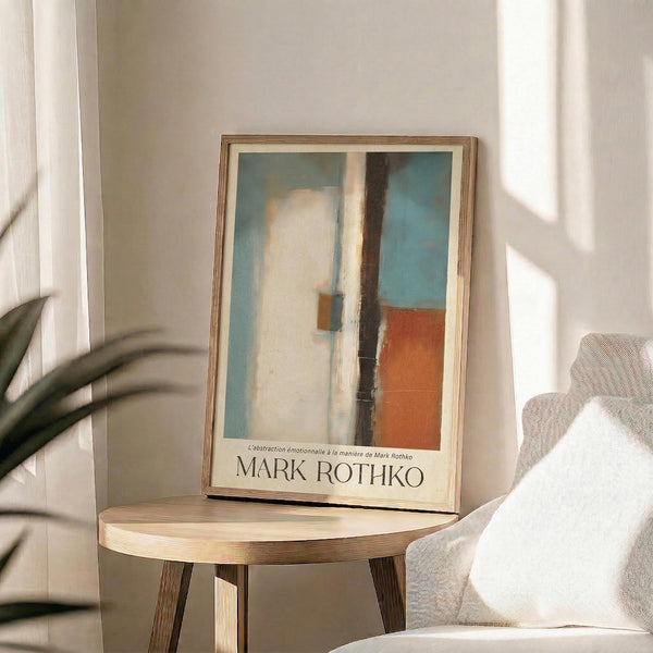 May include: Framed Mark Rothko-style abstract art print displayed on light wood round side table next to beige upholstered chair. Print features vertical composition with blue, white, orange and dark brown color blocks in thin wooden frame. Bright natural light streams across neutral room with white curtains and plant leaves visible.
