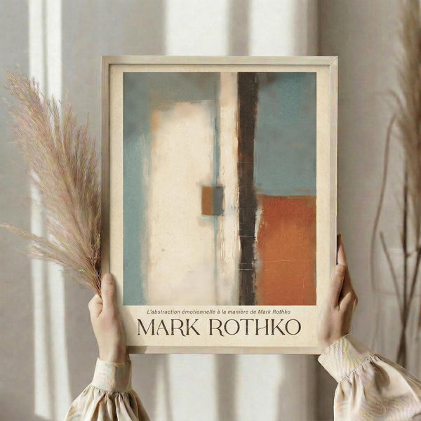 May include: Person holding framed abstract art print featuring soft geometric shapes in muted blue, cream, orange and brown tones with vertical composition. Light wood frame against neutral curtained background with dried pampas grass visible on left side. Soft natural lighting creates gentle shadows.