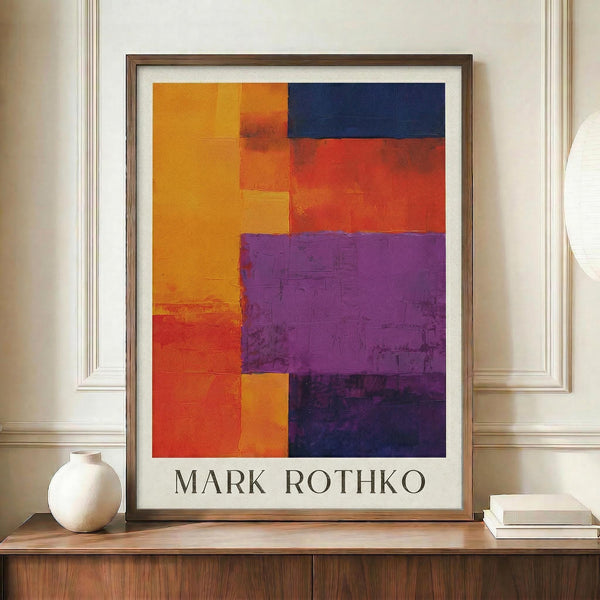 May include: Framed abstract art print with bold geometric color blocks in orange, red, purple, navy blue, and yellow arranged in rectangular sections. The poster features "MARK ROTHKO" text at bottom and is displayed in a thin wooden frame on a walnut credenza beside a small white ceramic vase and stacked books against cream walls with white wainscoting.