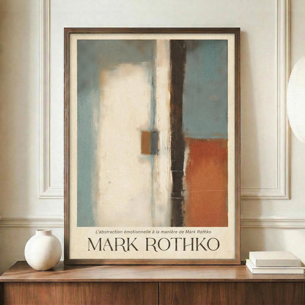 May include: Framed abstract art print in earth tones with vertical composition featuring cream, blue-gray, rust orange, and dark brown color blocks in soft, blended brushstrokes. The poster is displayed on a wooden sideboard alongside a white ceramic vase and stacked books in an elegant room with cream walls and decorative molding.