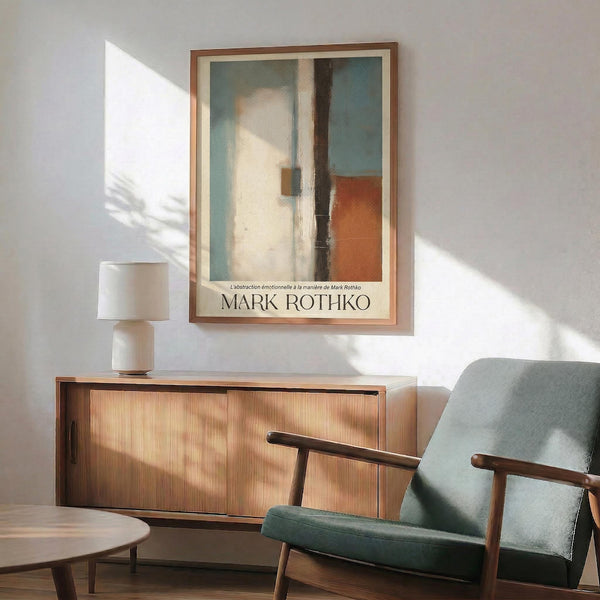 a living room with a wooden cabinet, a green armchair, and a wooden coffee table. Above the cabinet, there is a framed painting hanging on the wall.