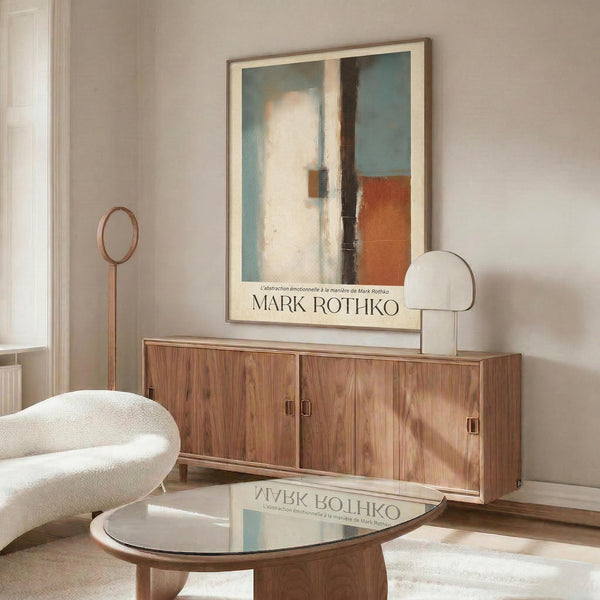 a modern living room with a large abstract painting hanging on the wall above a wooden cabinet. The room has a white sofa, a glass coffee table, and a lamp on a side table.