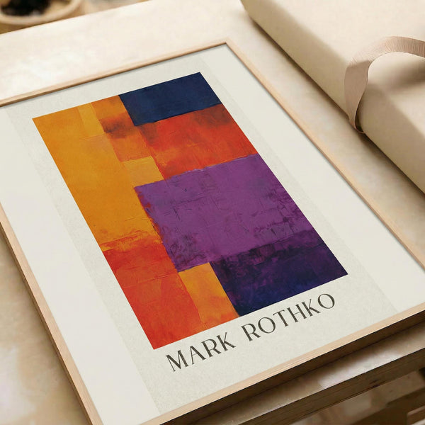 a framed abstract painting with bold, vibrant colors of orange, purple, and blue.