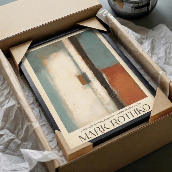 a framed abstract painting in a cardboard box, with the text "Mark Rothko" visible on the frame.