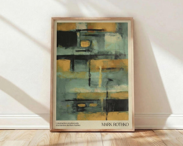 May include: Abstract artwork print in wooden frame leaning against white wall on light wood floor. Painting features geometric blocks and brushstrokes in muted teal, sage green, golden yellow, charcoal black, and cream tones with soft, layered composition. Natural lighting creates diagonal shadows across the textured wall surface.