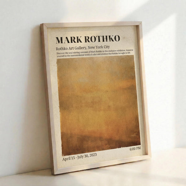 May include: Framed exhibition poster with warm golden-brown abstract artwork, featuring black text reading "MARK ROTHKO" and "Rothko Art Gallery, New York City" with exhibition dates "April 15 - July 30, 2023" and "6:00 PM". Light wood frame against white wall with soft natural lighting creating gentle shadows.
