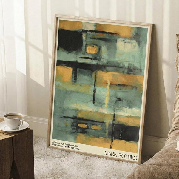 May include: Abstract painting poster with muted teal, sage green, golden yellow, and black geometric shapes and brushstrokes in light wood frame, leaning against white wall corner next to wooden side table with white coffee cup and saucer, beige textured throw blanket visible on white shag rug in bright room with natural window light.