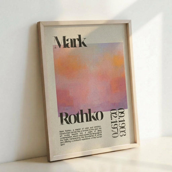 May include: Framed poster print featuring Mark Rothko's name in large black text above a gradient wash of orange, pink, and purple watercolor-like colors. The bottom shows "Rothko" and dates "02.19.03 06.19.69" with small descriptive text. Natural wood frame displayed against white wall, showing dimensional depth and soft lighting shadows.