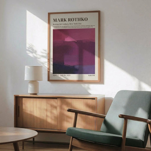 May include: Framed Mark Rothko art exhibition poster with purple and magenta abstract painting, displayed above mid-century modern wooden credenza with white ceramic lamp. Sage green upholstered armchair with wooden frame sits nearby in sunlit room with white walls and warm wood flooring.