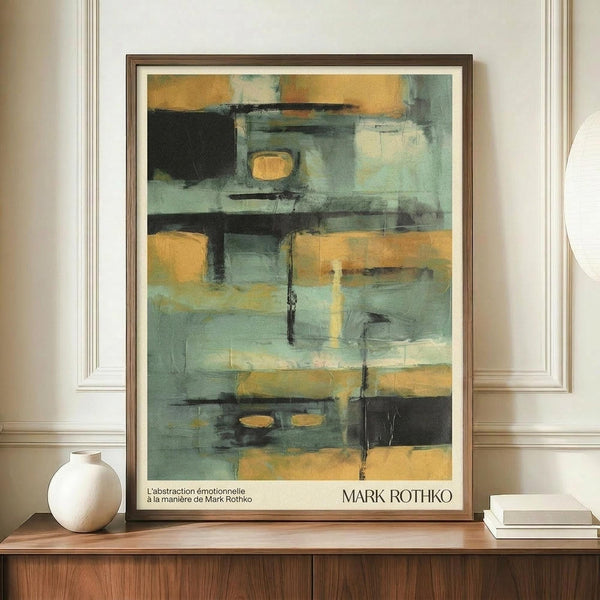 May include: Abstract art poster with muted teal, sage green, golden yellow, and black geometric shapes in weathered, painterly style. Displayed in thin brown frame on wooden sideboard next to white ceramic vase and stacked books. Features French text at bottom. Soft natural lighting against cream wainscoted wall.