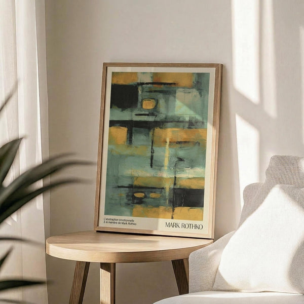 May include: Abstract art print in wooden frame displayed on round wood side table next to beige upholstered chair. Artwork features muted teal, yellow, and black rectangular shapes in painterly style. Natural lighting creates soft shadows on neutral wall. Plant leaves visible in corner of minimalist modern interior setting.