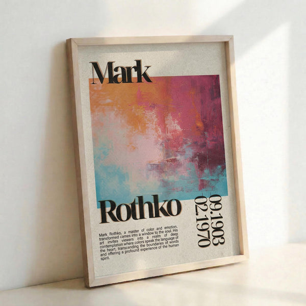 May include: Framed poster featuring Mark Rothko's name in bold black letters above an abstract painting with orange, pink, red, and turquoise color blocks. Bottom shows "Rothko" text with dates "1903-1970" and descriptive paragraph about the artist. Light wood frame against white wall, showing texture and shadows.