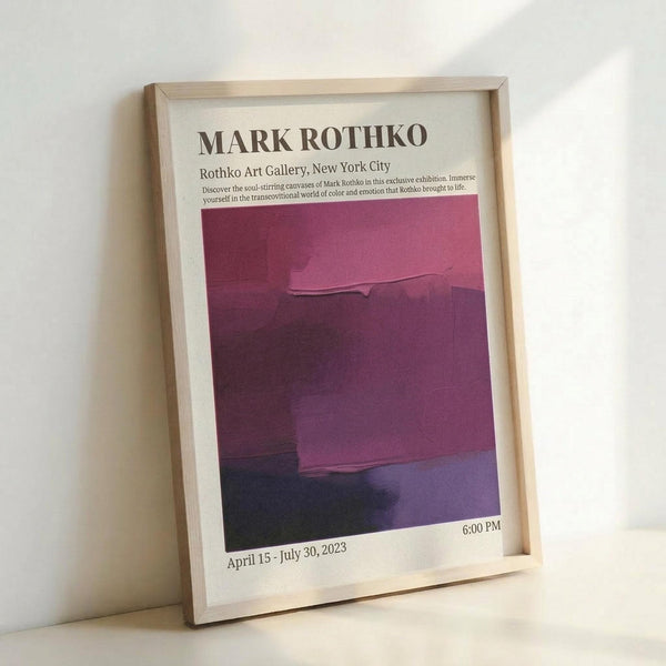 May include: Framed exhibition poster featuring Mark Rothko's abstract purple and magenta color field painting. Light wood frame displays white poster with black text reading "MARK ROTHKO" and "Rothko Art Gallery, New York City" above vibrant layered purple artwork. Exhibition dates April 15 - July 30, 2023 shown at bottom. Frame leans against white wall casting subtle shadow.