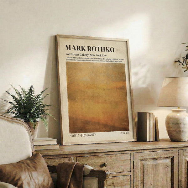 May include: Framed Mark Rothko exhibition poster with warm brown and orange gradient artwork displayed on rustic wooden sideboard. Scene shows cream-colored chair with brown leather pillow, small potted fern, stacked books, and ceramic pottery against white wall in cozy living room setting.