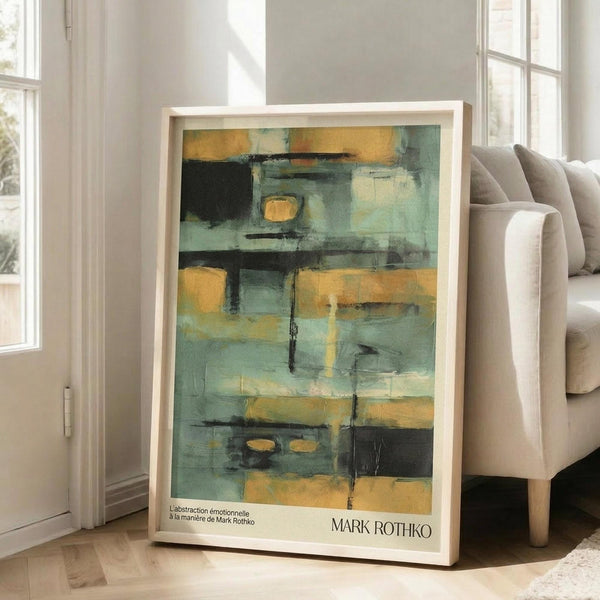 May include: Abstract art print in light wood frame leaning against beige armchair in bright living room. Artwork features geometric blocks in muted teal, sage green, golden yellow, and charcoal gray with soft brushstrokes and layered composition. Print shows artist name at bottom. Natural light streams through white-trimmed windows onto hardwood floors.