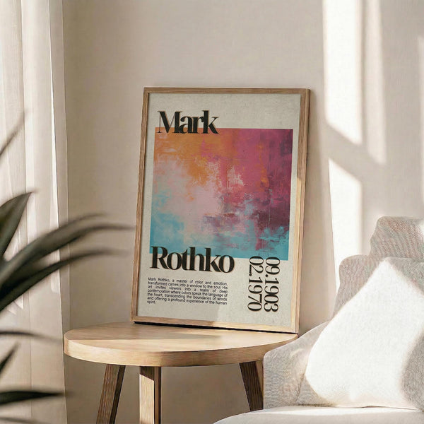 May include: Framed art print featuring Mark Rothko's name and exhibition dates 28.01-08.06.1970, with abstract watercolor-style artwork in warm orange, pink, and cool blue tones. The cream-colored poster sits on a round wooden side table next to a beige upholstered chair, with plant leaves casting shadows on white walls in natural sunlight.