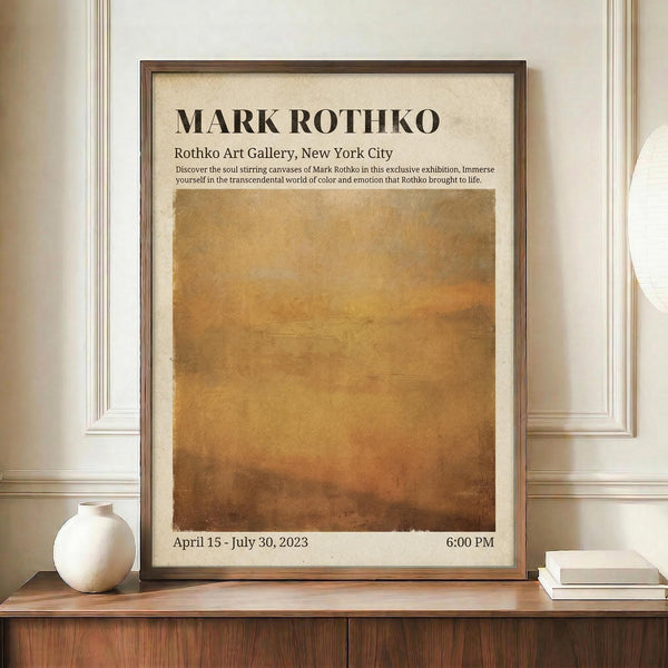 May include: Framed exhibition poster featuring Mark Rothko's name in bold black letters above warm golden-brown abstract color field artwork. The cream-colored poster shows gallery information and exhibition dates, displayed in dark wooden frame on wooden sideboard next to white ceramic vase and stacked books against cream paneled wall.
