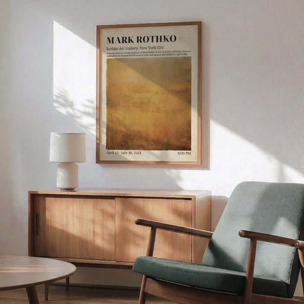 May include: Mark Rothko exhibition poster with warm golden-brown abstract painting displayed in wooden frame on white wall above mid-century modern wooden credenza with white ceramic lamp, green upholstered chair with wooden arms visible in foreground, natural sunlight casting shadows across minimalist interior